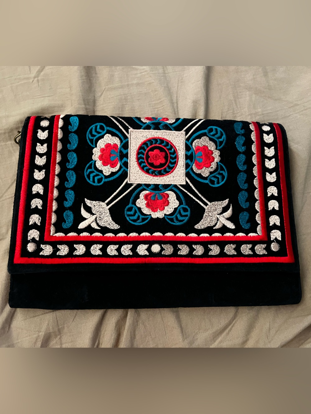 Francesca's Collections Black Embroidered Clutch with Red & Teal Accents